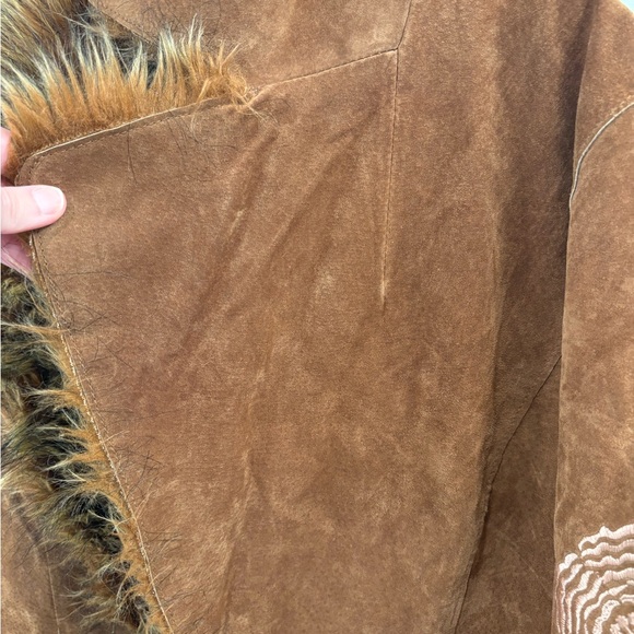 Vintage Y2K Leather Faux Fur Embroidered Together Penny Lane Coat Tag Size 14 - Picture 7 of 16